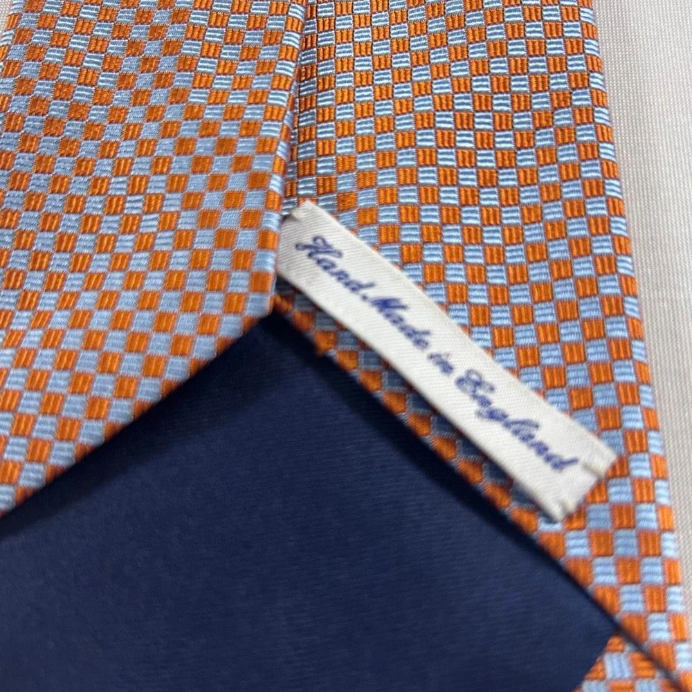Drakes London Barneys New York Tie Mens Orange Blue Silk Check Handmade England